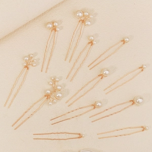 Lot de onze épingles à cheveux perlées faites à la main avec fil doré et tiges en métal