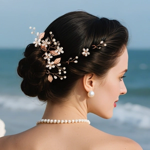 Handmade Artificial Pearl Gold Leaf Flower Bridal Hairpins Retro Wedding Headwear Romantic Hair Accessories For Women Brides Elegant