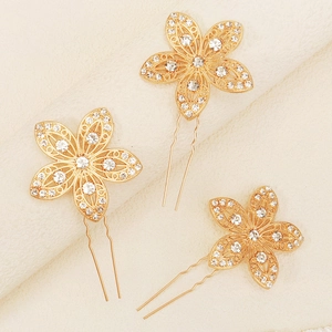 Trois épingles à cheveux fleurs dorées avec strass brillants pour mariée élégante