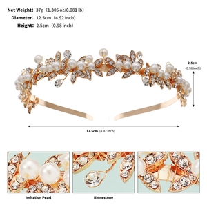 Detail view of pearl and rhinestone leaf headband with size specs 12.5cm diameter