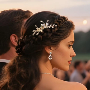 Detail of luxury gold floral hair comb with butterfly and crystals on elegant hairstyle