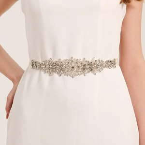 Sparkling crystal rhinestone wedding belt accessory for bridal gown with silver flower design