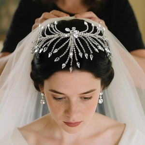 Bandeau de Mariée en Strass de Luxe Alliage d'Argent Plume Rayonnante Peigne à Cheveux Exagéré Mariage Fête Bijou de Tête Femme