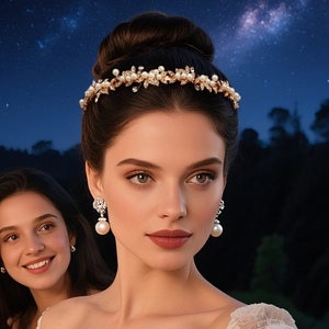 Detail of elegant gold bridal headband with pearls, crystals, and matching earrings
