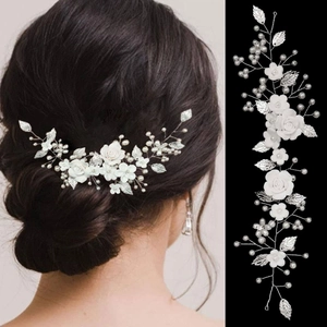 White Polymer Clay Flower Bridal Hair Vine Silver Leaves Artificial Pearls Rhinestones Elegant Wedding Headband Women Hair Accessory