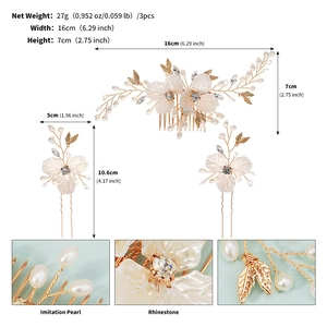 Detailed macro view showing imitation pearls and crystals on handmade floral bridal hair set