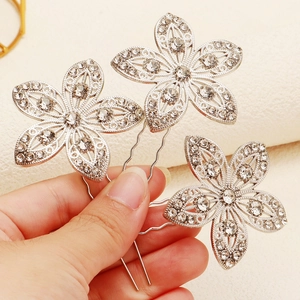Lot de trois épingles à cheveux fleurs argentées avec strass pour mariée