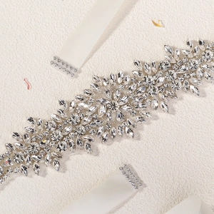 Elegant bridal wedding dress belt with sparkling marquise rhinestones and ivory satin ribbons