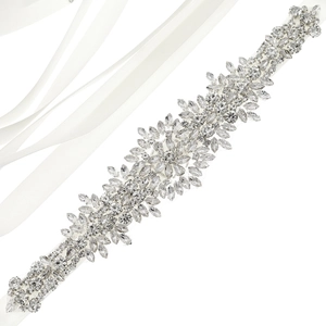 Elegant bridal sash with sparkling silver rhinestones and white satin ribbon for wedding dresses