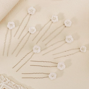 Handmade 10-piece set of white floral hair pins with faux pearl centers and silver metal clips