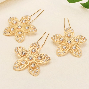 Lot de 3 épingles à cheveux dorées de mariée avec fleurs évidées et cristaux brillants