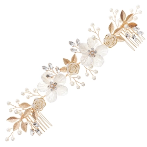 Elegant bridal hair vine with white acrylic flowers, pearls, and gold leaf double hair combs