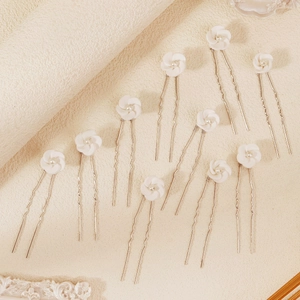 Détail de 10 épingles à cheveux à fleurs blanches avec perles pour mariée