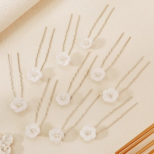 Set of 10 handmade white clay flower hair pins with faux pearl centers for bridal styling