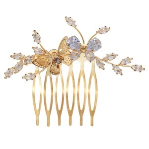 Elegant bridal hair comb with gold butterfly and cubic zirconia for wedding styling