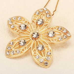 Épingle à cheveux de mariée dorée avec pétales évidés et strass brillants décoratifs