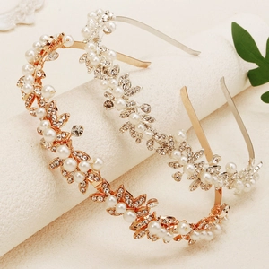 Elegant Leaf Artificial Pearl Rhinestone Wedding Headband For Brides Gold Silver Alloy Flower Bridal Tiara Hair Accessories