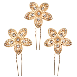 Lot de trois épingles à cheveux dorées de mariée avec fleurs évidées et strass brillants