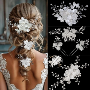 Bridal Wedding Hair Comb And Hair Pins Handmade White Satin Flower Crystal Imitation Artificial Pearl Elegant Headpiece For Women