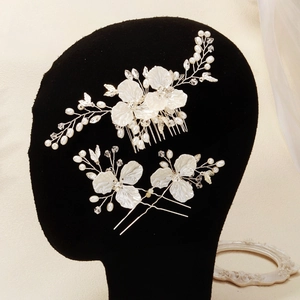 Bridal hair accessory set with white shell flowers pearls and crystals for wedding