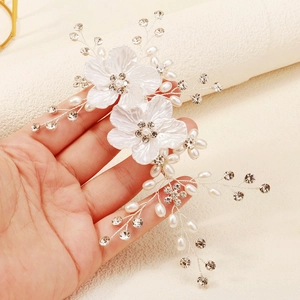 White shell flower bridal hair clip set with pearls and crystals on silver wire base