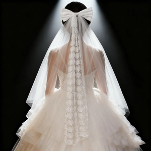Detail of bridal veil featuring large satin bow and floral lace rose embroidery pattern