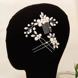 Elegante set pettine e forcine sposa argento con perle bianche e cristalli