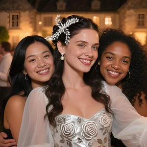 Three elegant models in bridal gowns wearing silver rhinestone leaf hair clips at night