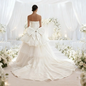 Detail of elegant oversized white satin bow on a layered bridal wedding dress