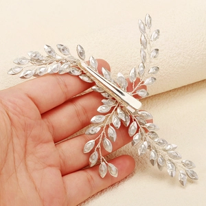 Handmade silver bridal hair clip with marquise rhinestones and wire branch design