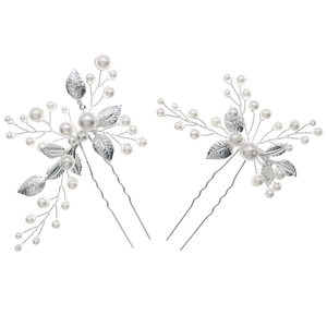 Épingles à cheveux de mariée avec feuilles argentées et perles faites main, design en U
