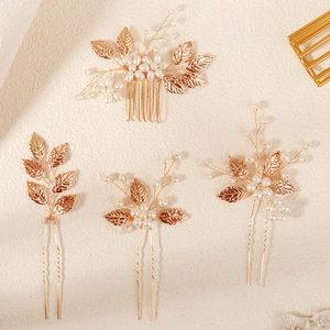 Handmade Gold Leaf Artificial Pearl Bridal Hair Comb And U-Shaped Hair Pins 4-Piece Set For Wedding Party Women Hair Accessories