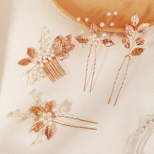 Handmade gold leaf bridal hair pins and comb set with pearls and crystal beads