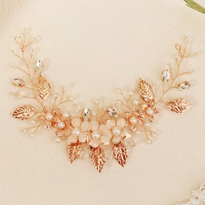 Handmade gold bridal hair vine with champagne tulle flowers, pearls and crystals
