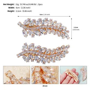 Detailed size chart and close-up of wheat ear zircon hair clips with gold metal base