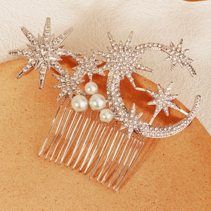Luxury Silver Alloy Rhinestone Moon Star Hair Comb With Imitation Artificial Pearl Elegant Bridal Wedding Hair Accessories For Women