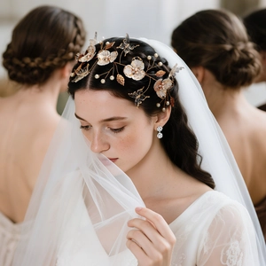 Detail of bridal floral headband with pearls, golden leaves, and delicate tulle butterflies