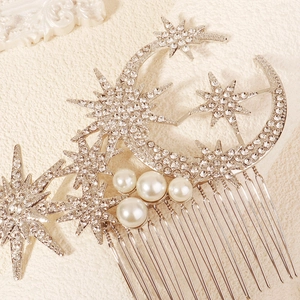 Sparkling star and moon hair comb with crystals and pearls on silver metal base