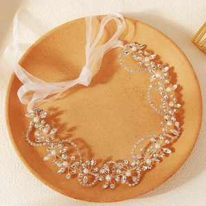 Bandeau de Mariée Fait à la Main en Alliage d'Argent avec Strass et Künstliche Perles Vigne à Cheveux pour Mariage avec Ruban en Organza Blanc