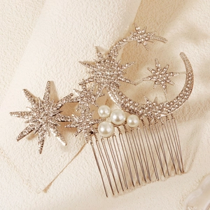 Elegant silver moon and star hair comb with sparkling rhinestones and white pearls
