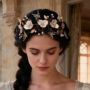 Gold Wire Bridal Hair Vine With White Acrylic Flowers Butterfly Imitation Artificial Pearl Rhinestone Wedding Headband For Women