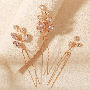 Set di tre forcine per capelli da sposa con foglie dorate e cristalli a taglio marquise