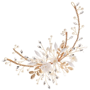 Elegant gold bridal hair vine with white flowers, pearls and crystal beads for weddings