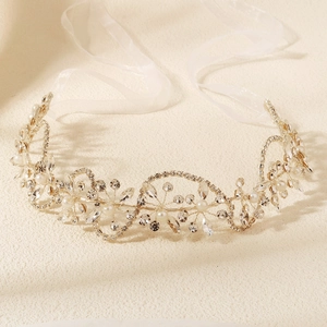 Bandeau de mariée exquis avec strass, perles et rubans en organza blanc