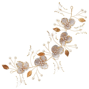 Vintage bridal hair vine with handmade beads, golden leaves, pearls and butterfly details