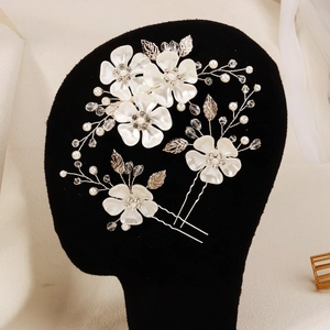 Handmade bridal hair comb and pin set with white acrylic flowers, pearls and crystals