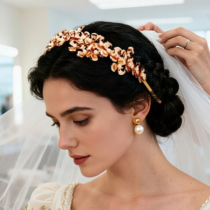 Vintage French golden flower headband with pearls and matching earrings for bridal wear