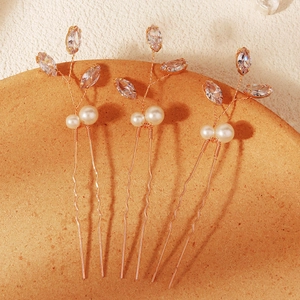 Eleganti Forcine per Capelli da Sposa Foglia d'Oro Zirconia Perla Artificial d'Imitazione a Forma di U Gioielli Accessori per Matrimonio Donna