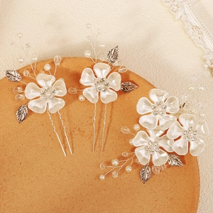 White Acrylic Flower Bridal Hair Comb And Pins Set With Faux Artificial Pearls Rhinestone Silver Leaf Wedding Hair Accessories For Women