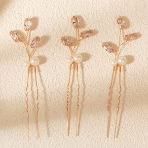 Set di 3 forcine dorate da sposa con foglie di cristallo e perle bianche per acconciature moda
